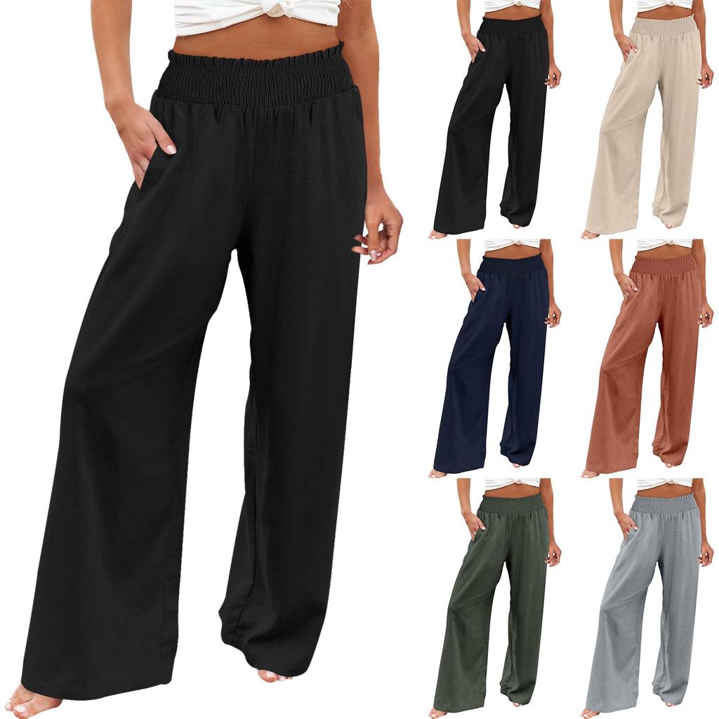 Summer Cotton Linen Wide Leg Pants Women Loose Palazzo Pant Pocket Elastic Waist Casual Pants