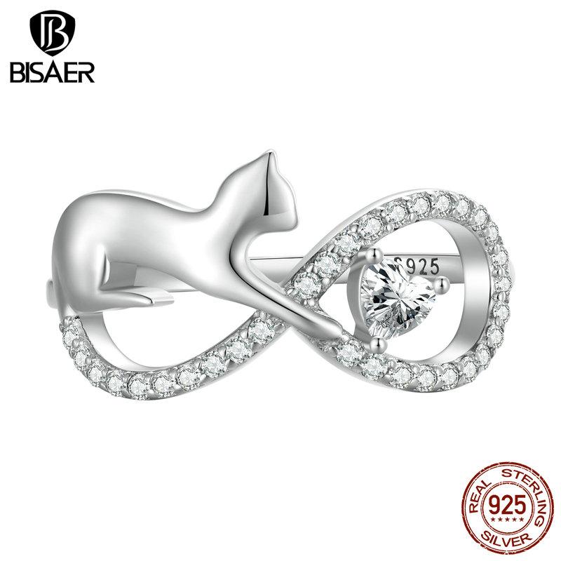 Bisaer Кольцо из стерлингового серебра 925 пробы с милым котом, обещание, бесконечное сердце, циркон, кольцо с домашним животным, платиновое ювелирное изделие для женщин