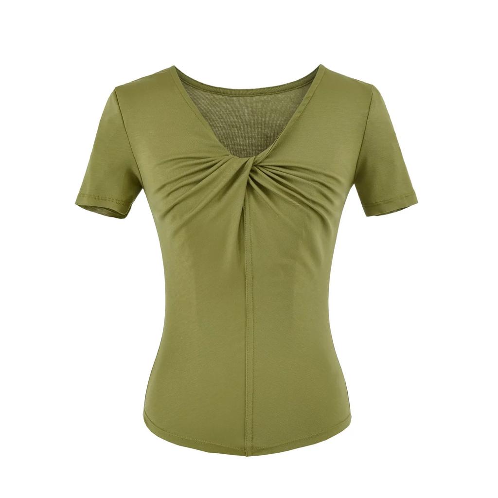 V-neck kink short-sleeved T-shirt women's summer new American Spice Girl solid color slim-fitting front shoulder bottoming top