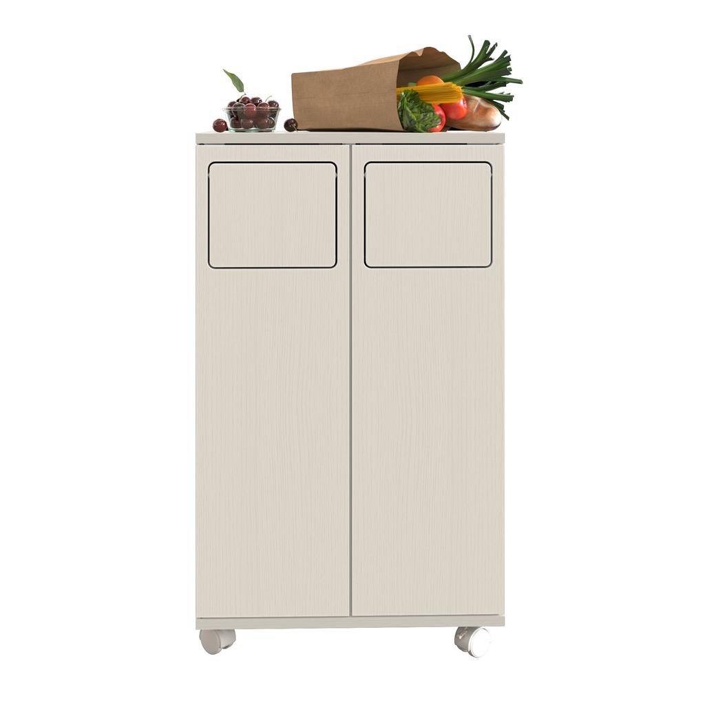 Trash Cabinet, Rolling Kitchen Cabinet in Light Wood Look, 2-Door Waste Sorting Cabinet with White Casters, for Kitchen & Dining Room, 46.7x35x80cm