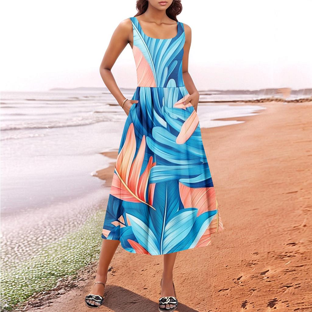 Women's Summer Spring Casual Floral Sundress Sleeveless Beach Vacation Flowy Boho Tank Midi Dresses