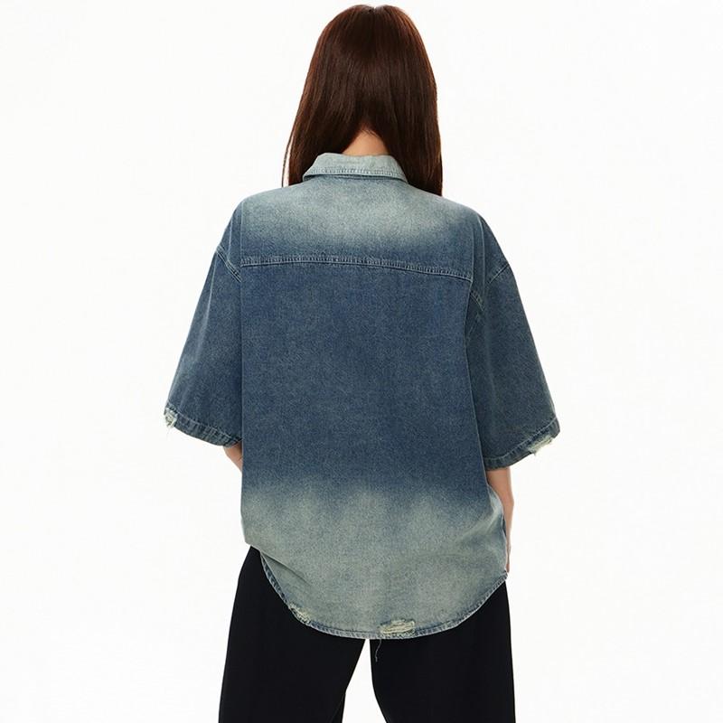 Рубашки и блузки из денима с коротким рукавом оверсайз в винтажном стиле с цветочной вышивкой для блузки, повседневные свободные летние топы, женская рубашка на пуговицах