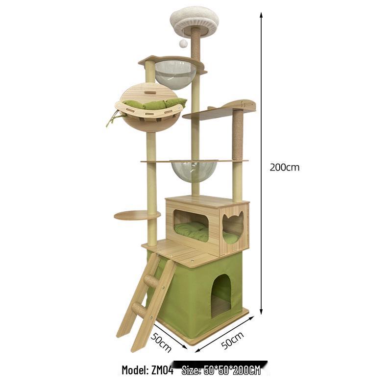 Большое деревянное кошачье дерево и когтеточка с компактным дизайном - Встроенная лазалка и домик