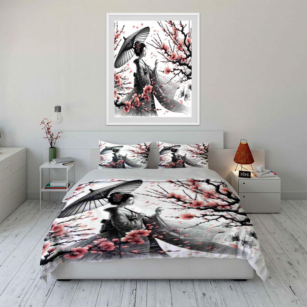 Elegant Sakura and Woman Bedding Set for Kids Luxury Gift 3pcs Digital Print Comforter Set Soft Comfortable Breathable