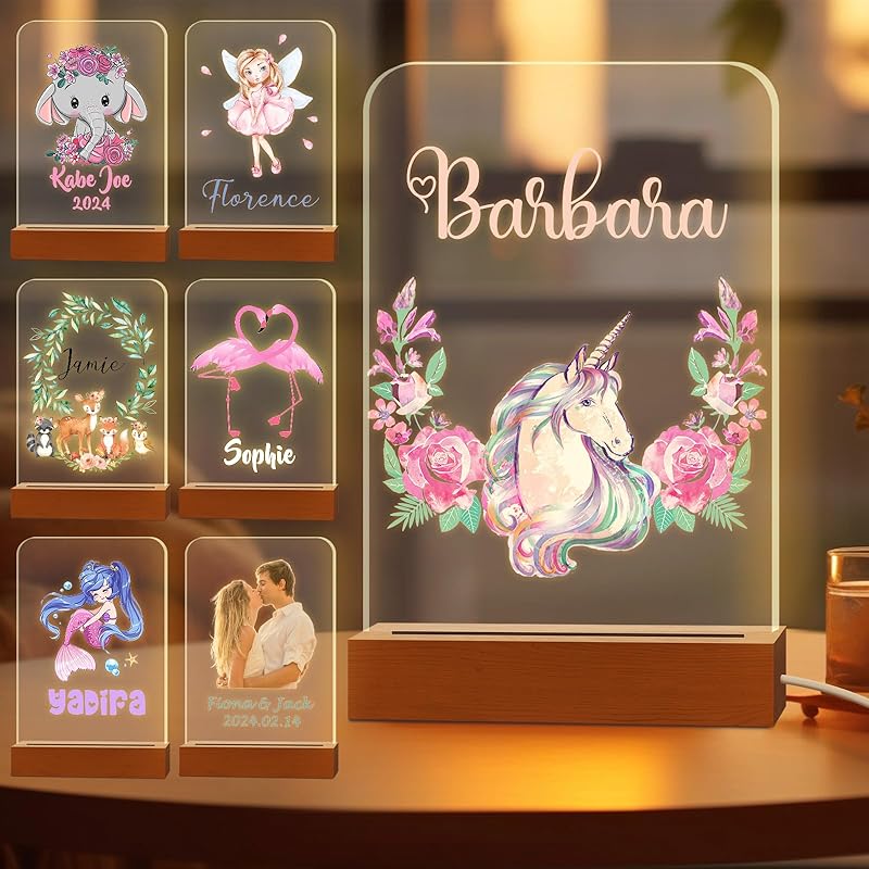 Персонализированный ночник для детей, выгравированное имя, акриловые светодиодные лампы с деревянной основой для детской спальни, декоративный ночник, индивидуальный день рождения