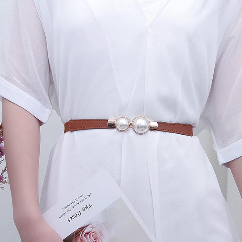 Creative Pearl Buckle Belt Pu Leather Dress Skirt Waist Elastic Thin Women Belts