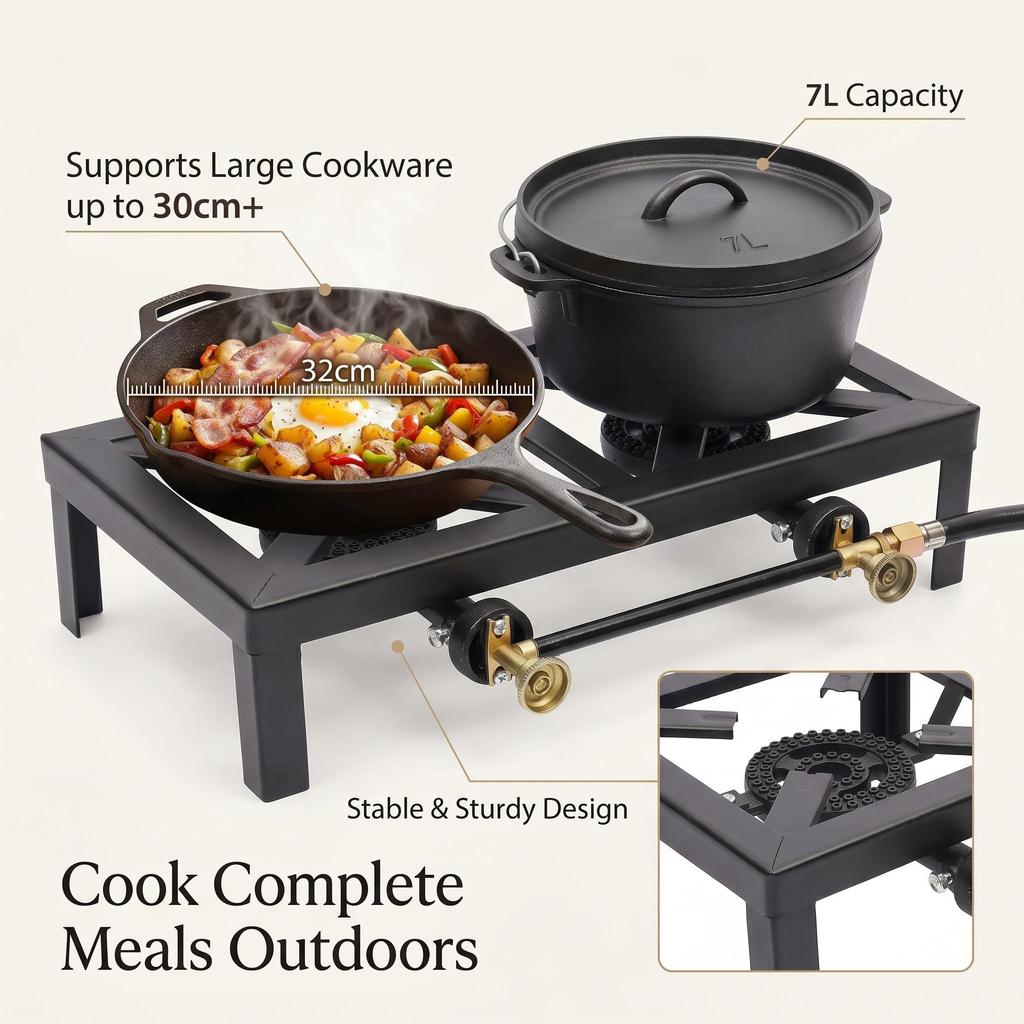 Aflyever Cast iron gas stove, portable gas stove, double burner, htwo burners and an adjustable 0-10