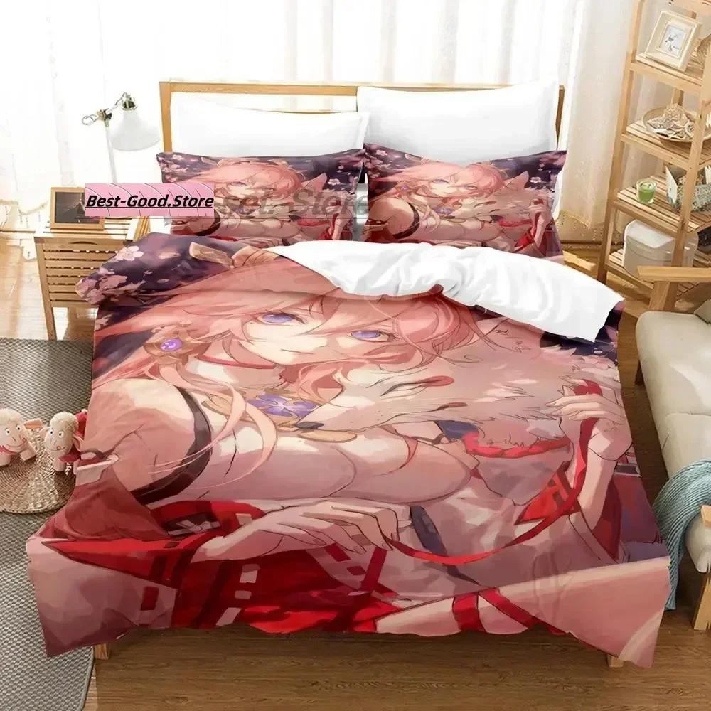 Genshin Impact Yae Miko Комплект постельного белья Single Twin Full Queen King Size Комплект постельного белья Aldult Kid Bedroom Duvetcover Sets 3D Print Game