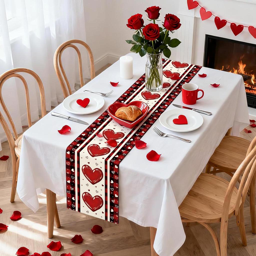 Artscope Buffalo Plaid Love Hearts Valentine's Day Table Runner, Anniversary Wedding Holiday Kitchen Dining Table Decoration for Valentine Home Decor
