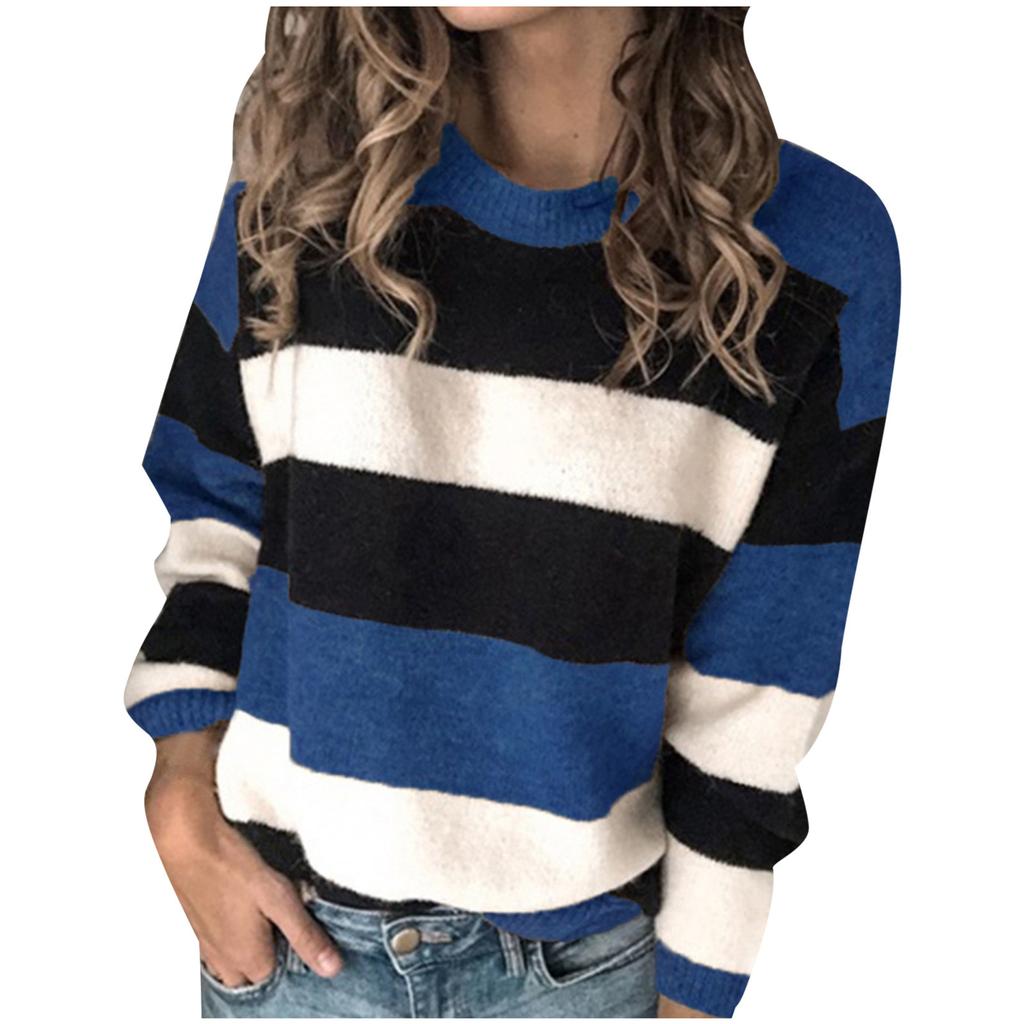 Fashion Women Long Sleeve Striped Print Casual Knitted Loose Sweater Top