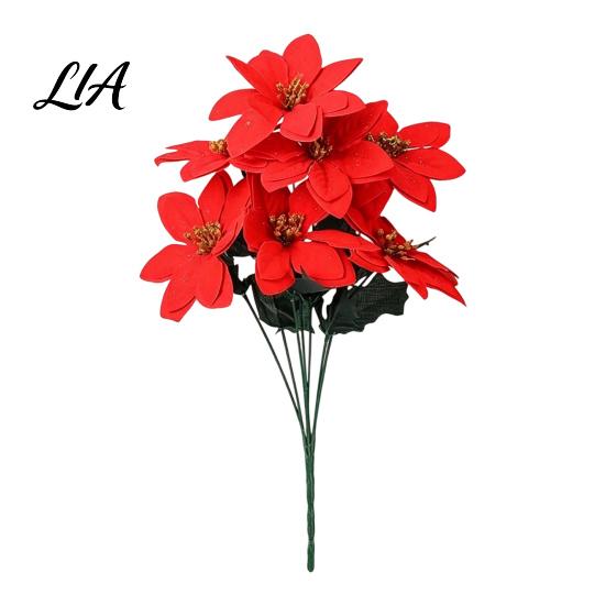 Wedding Party Floral Decoration Props Artificial Poinsettia Flowers, Christmas Red Bouquet with Berries, Faux Silk Berries Holly Leaves Stems