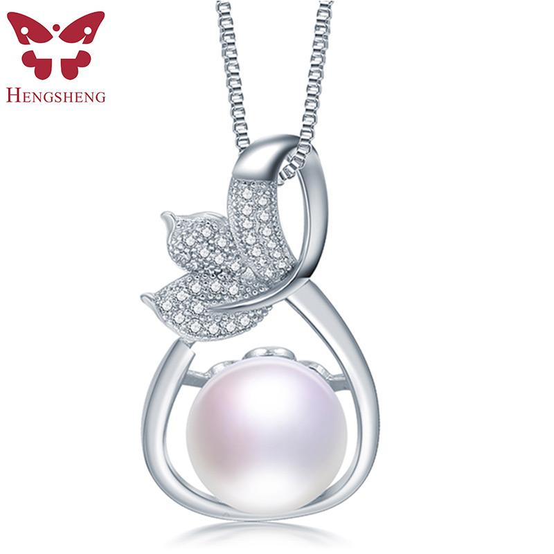 HENGSHENG Hot Selling Natural Pearl S925 Sterling Silver Zircon Leaf Pendant Necklace Natural Freshwater Pearl Pendant For Lady