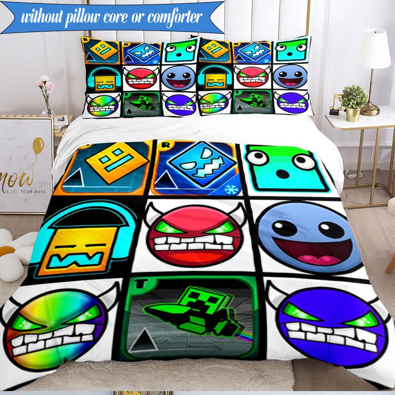 3PCS Colorful Geometry Dash Characters Bedding Set 2D Printing (Includes 1 Duvet Cover + 2 Pillowcases Coreless), Bedroom decor,Fan gift