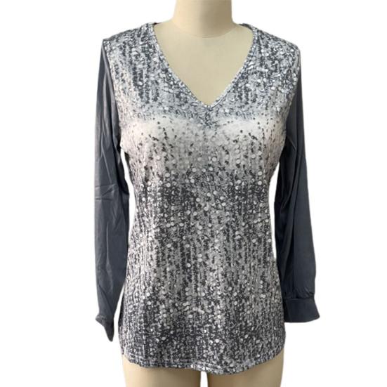 Осень-весна женский топ с блестящими пайетками и v-образным вырезом с длинными рукавами в стиле пэчворк, свободный пуловер, мягкий дышащий средней длины, женская рубашка, блузка