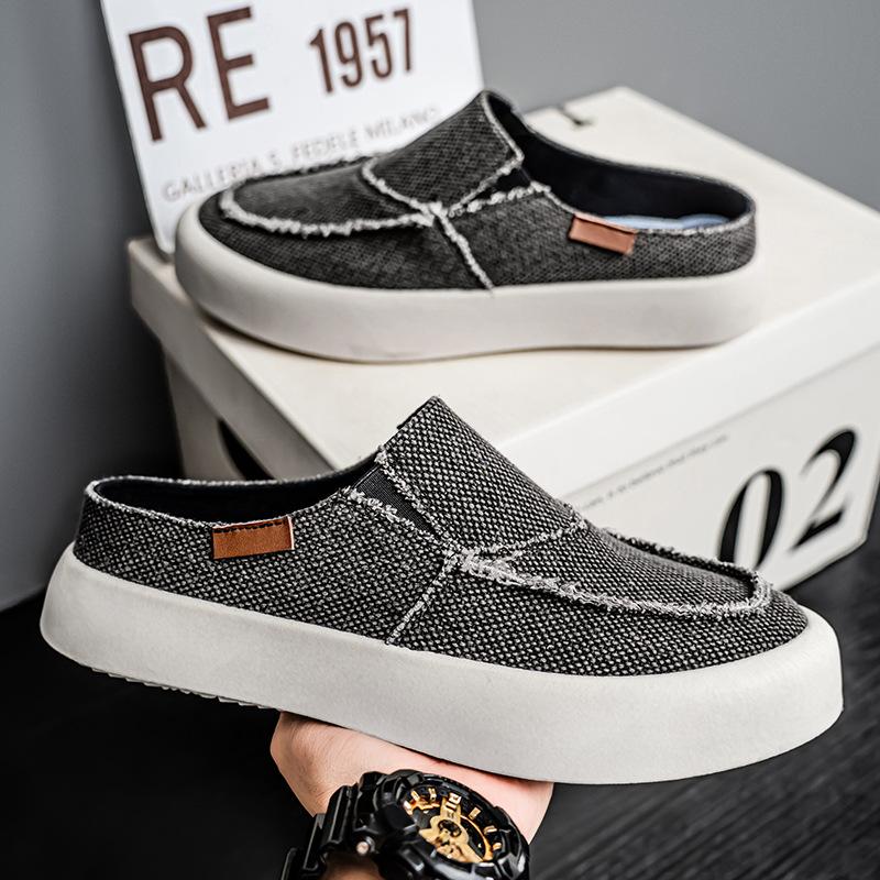 Модная мужская парусиновая обувь Лето 2025 Новые туфли с закрытым носком, полушлепанцы, дышащие, удобные, повседневные тканевые туфли, модная трендовая обувь для мужчин