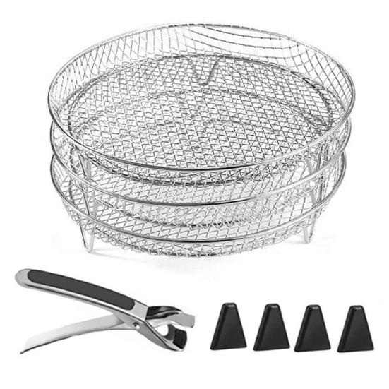 3-Layer Square Round Rectangle Air Fryer Rack Set Stainless Steel Dehydrator Rack with 4 Silicone Feet Anti-Scald