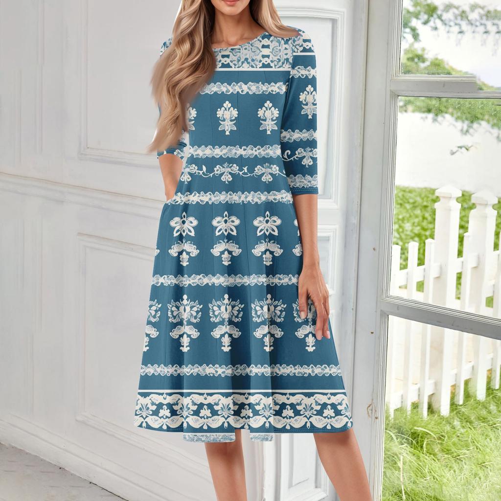 Women's Loose Casual And Fashionable Round Neck Seven Quarter Sleeved Printed Mid Length Dress