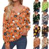 Женские топы с принтом на Хэллоуин, рубашка с длинным рукавом, V-образный вырез, повседневная свободная футболка, осенняя одежда