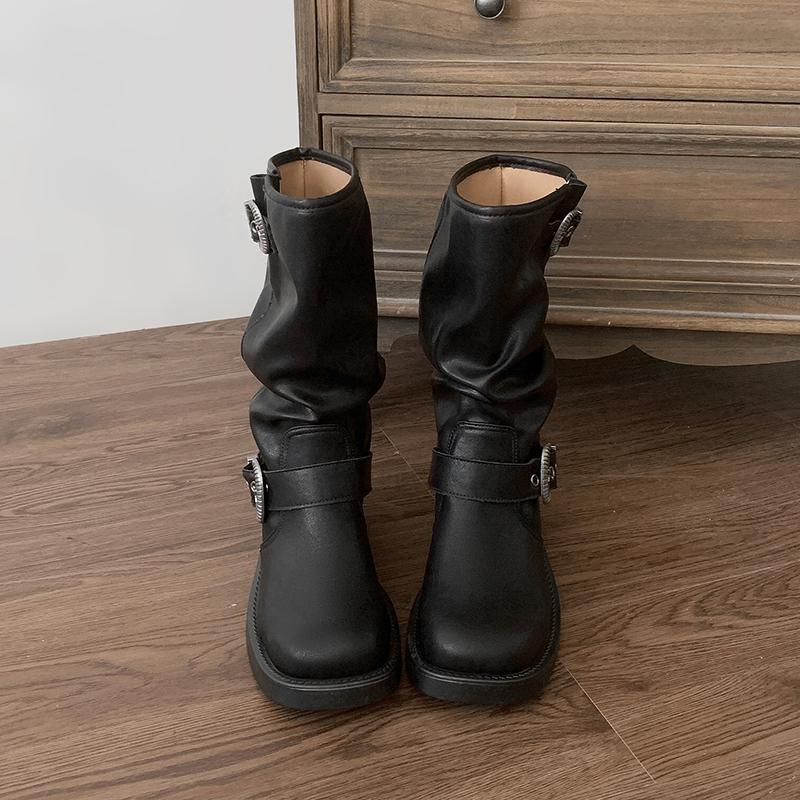 Винтажные женские ковбойские сапоги в западном стиле, модные полусапожки до середины икры, элегантные женские сапоги на толстом каблуке