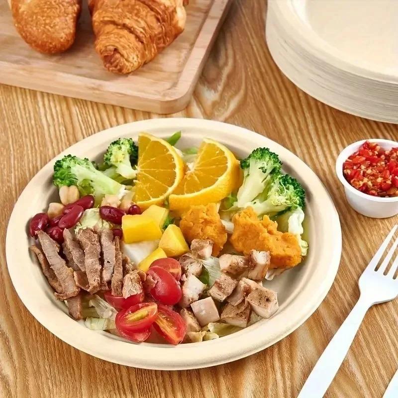 50PCS Disposable Round Plates Disposable Kitchen Dishes Barbecue Pasta Salad Noodle Desserts Restaurant Circular Paper Plates