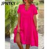 JPNTKY Women's Fashion Summer Spring Solid Color Print Short Sleeve V-Neck Casual Dresses