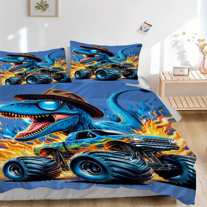 Dinosaur Monster Truck Flames Print 3Pcs Bedding Setduvet Cover With 2 Bedropillowcase Home Birthday Gift