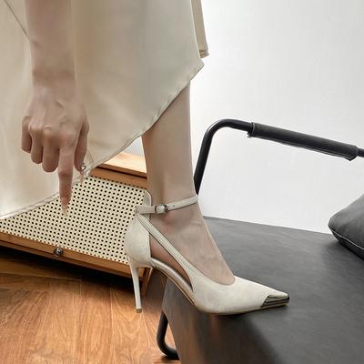 Темпераментные туфли на высоком каблуке женские тонкие каблуки новые средние с железным носком остроносые бежевые с ремешком на щиколотке, не утомляющие ноги, одинарные туфли