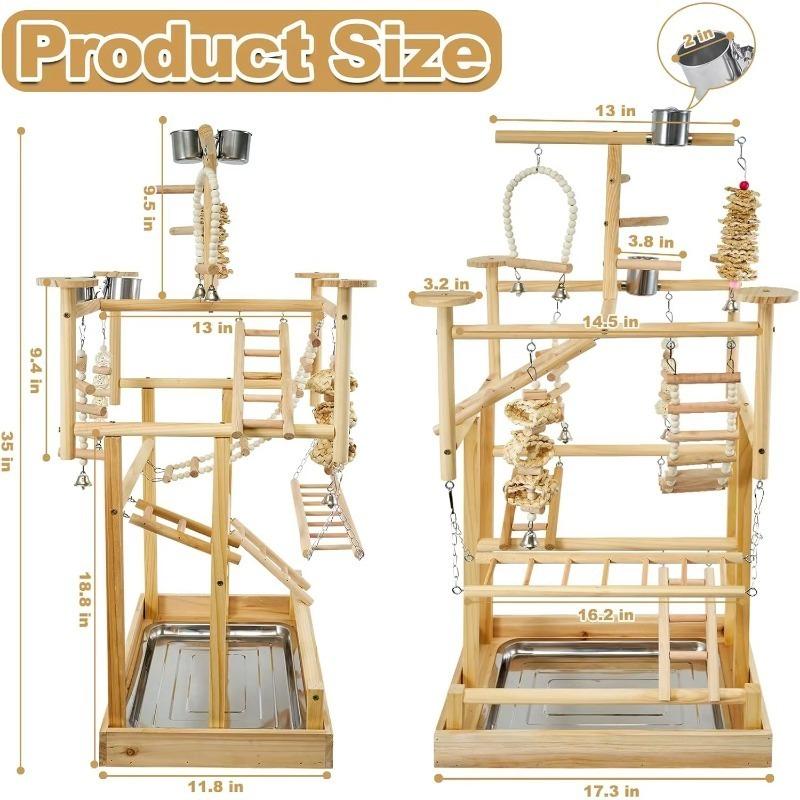 Natural Wooden Parrot Play Gym Stand with Ladders Swings & Stainless Steel Feeding Cups Multi-Level Bird Activity Playground