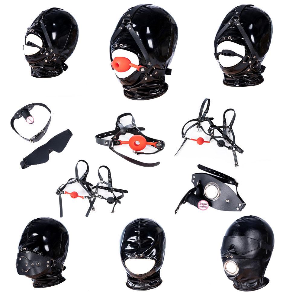 28Style Leather Hood Mask Blindfold,Open Mouth Harness Strap Dildo Ball Gag,Fetish BDSM Bondage Sex Slave Hood Couple SM Toy Kit