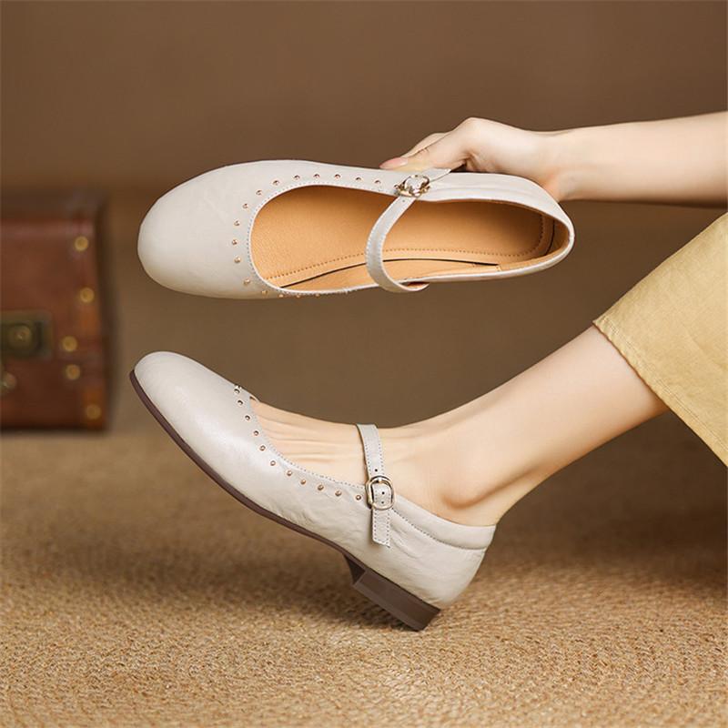 Модная новая весенне-летняя обувь Мэри Джейн, туфли из натуральной кожи для женщин, модные туфли-лодочки с заклепками и круглым носком, на толстом каблуке