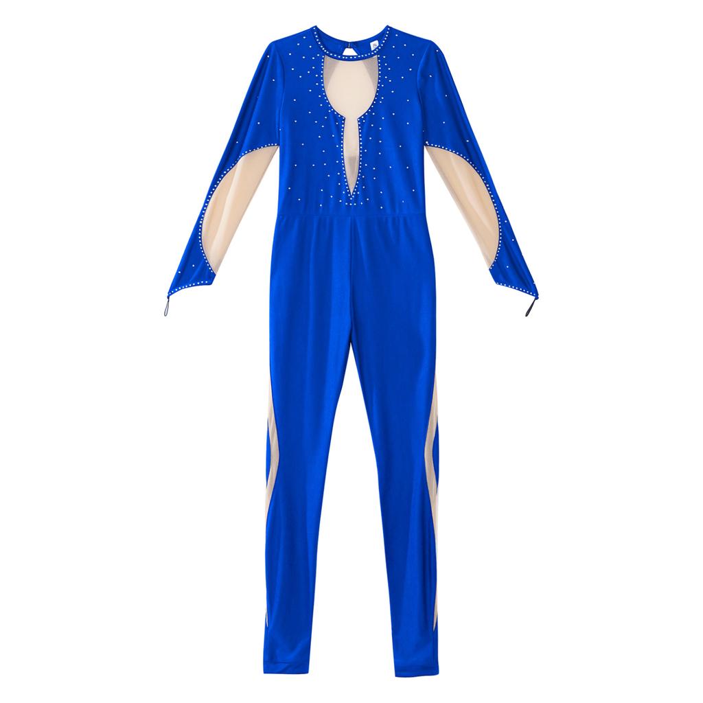 Kids Girls Shiny Gymnastics Unitard Bodysuit Long Sleeve Back Keyhole Mesh Patchwork Ice Skating Jumpsuit
