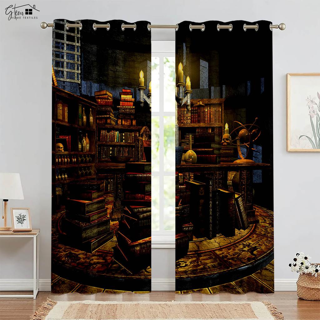 Ретро книжный шкаф 3D-печать Шторы Спальня Гостиная Кухонная зона Кабинет Карман для шторной палки Машинная стирка Комплект из 2 штук