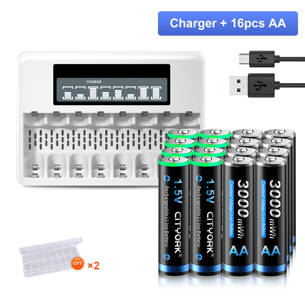 Литий-ионный аккумулятор AA3000mwh, 1,5 В, литиевая аккумуляторная батарея AA + 8 слотов, интеллектуальное зарядное устройство с ЖК-дисплеем