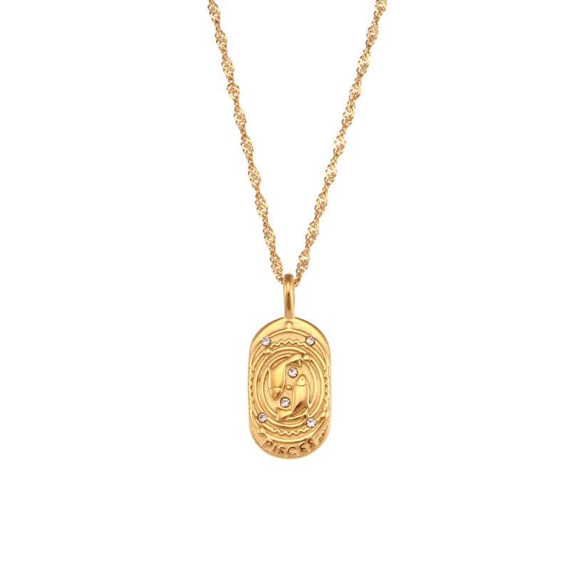 Stainless Steel Zodiac Pendant Necklace Women Minimalist Fashion Jewelry Daily Wear Oval Charm With Zircon Stone
