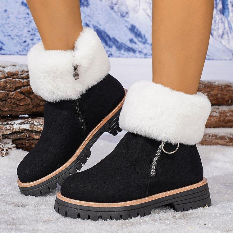 Large Size Women's Cotton Shoes Autumn and Winter New Round Head Square Heel Thickened Velvet Side Zipper Sewn Shoes Snow Boots
