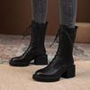 Fashion Autumn Winter Round Toe with Laces Ladies Mid Calf Shoes Black Fleece-Lined Middle Heel Women's Half High Boots 2025 New In Boot