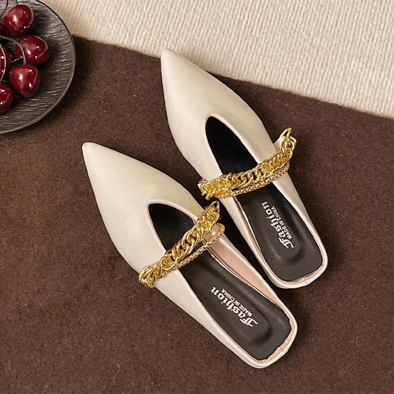 Pointed Toe Women's Slippers Chain Flats Fashion Mules Shoes Summer Woman 2025 New Designer Sandals Cozy Walking Chaussure Femme