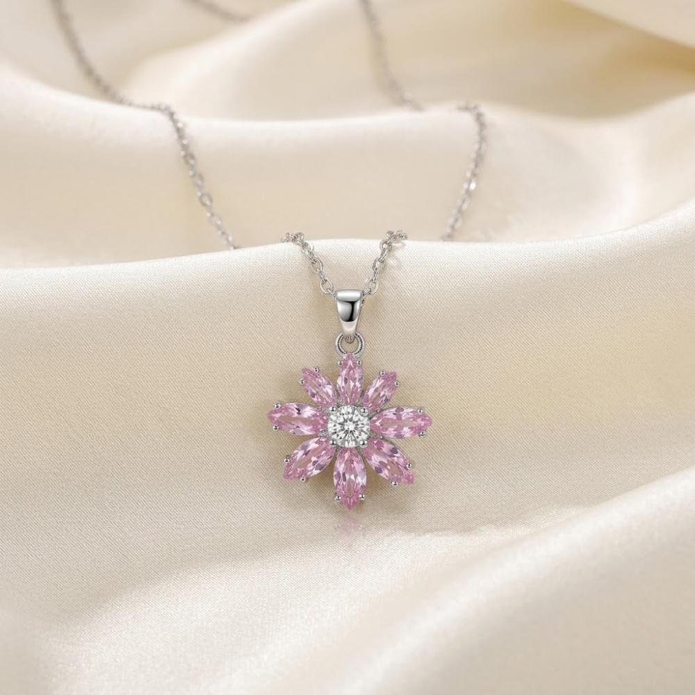 Cute Plant Female White Pink Zircon Stone Flower Pendant Necklace Silver Color Wedding Jewelry For Women