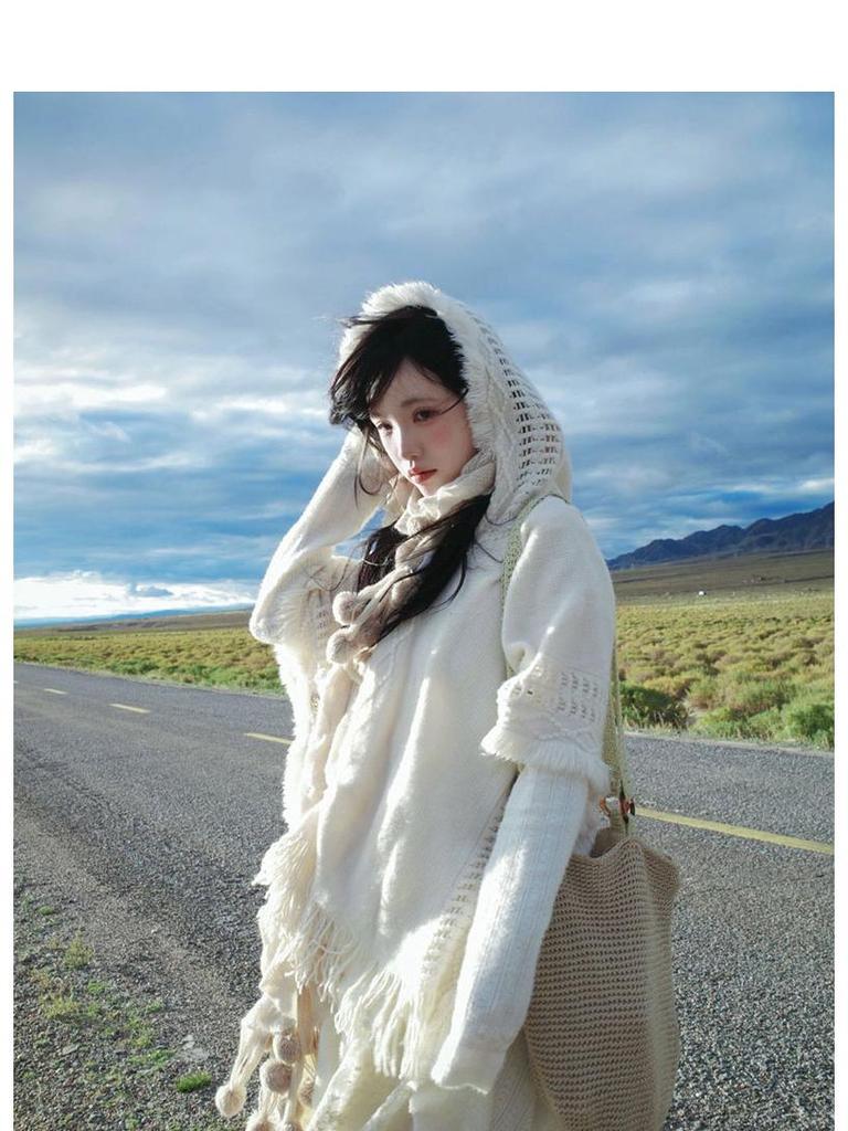 Белый Бохо-Кейп-Шаль-Свитер с Кистями Mori для Женщин