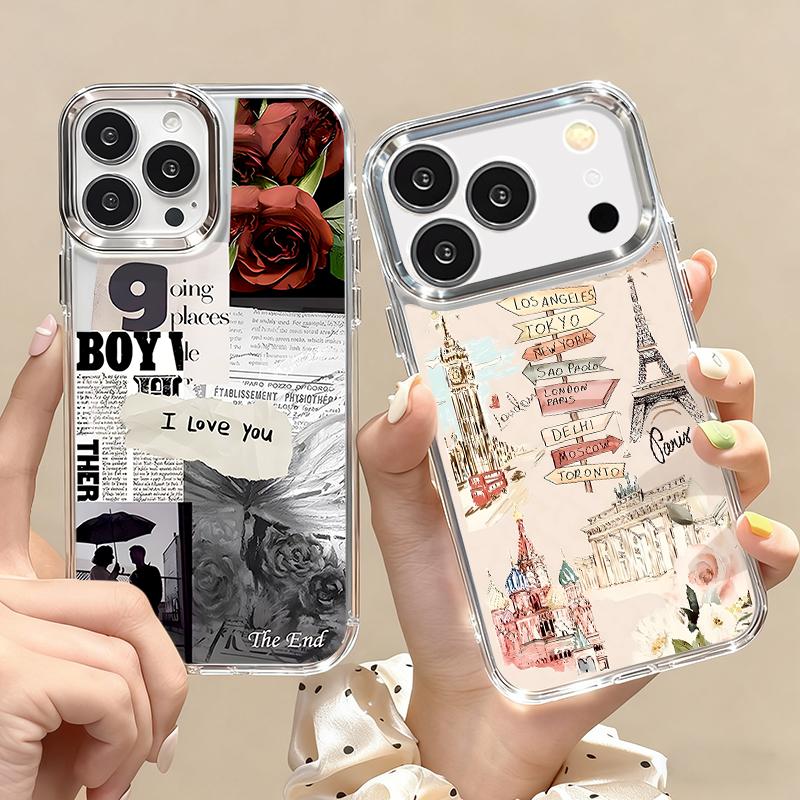 Чехол в стиле ретро-коллаж для iPhone 17 Pro Max С покрытием Рамка для камеры Прозрачный мягкий чехол для iPhone 16 15 14 13 Pro Max 11 16E 17E