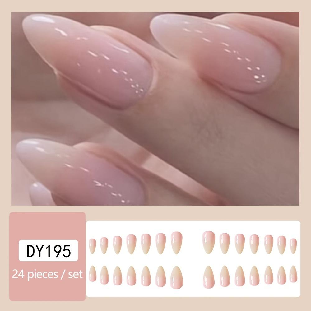 24 Pcs Spring Summer Nude White Press On Nail Medium Length Stiletto Almond Fake Nail Nude Pink Gradient Natural Nail Design For