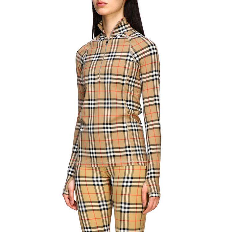 Burberry Женская клетчатая футболка с высоким воротником и длинным рукавом Archive Beige 80245721