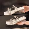 Мода Новая Мода Серебряный Кристалл Бант Тапочки Летние Уличные Сандалии Женские Квадратный Низкий Каблук Пляжные Слипоны Вьетнамки Шлепанцы Обувь Размер