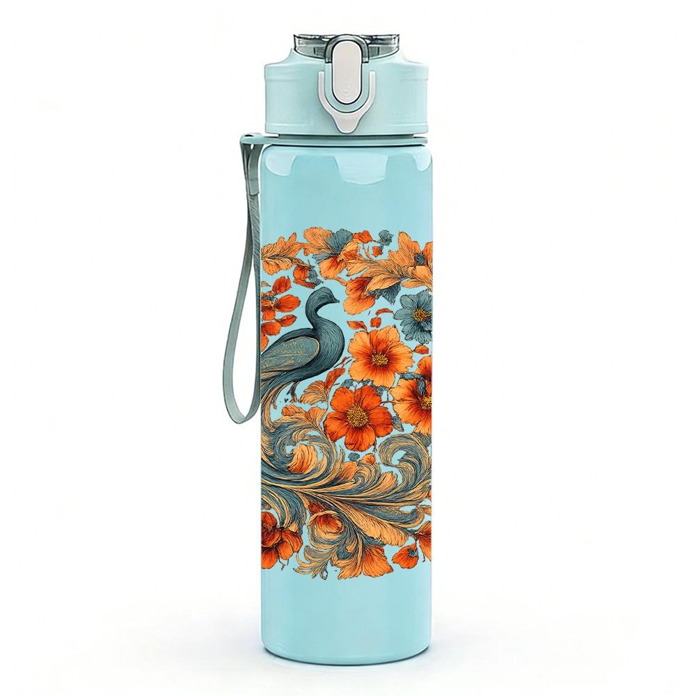 1PC Floral Peacock Circle Print 750ml Color Plastic Sports Water Bottle Leakproof Flip Straw Lid Suitable for Sports Office Home Use