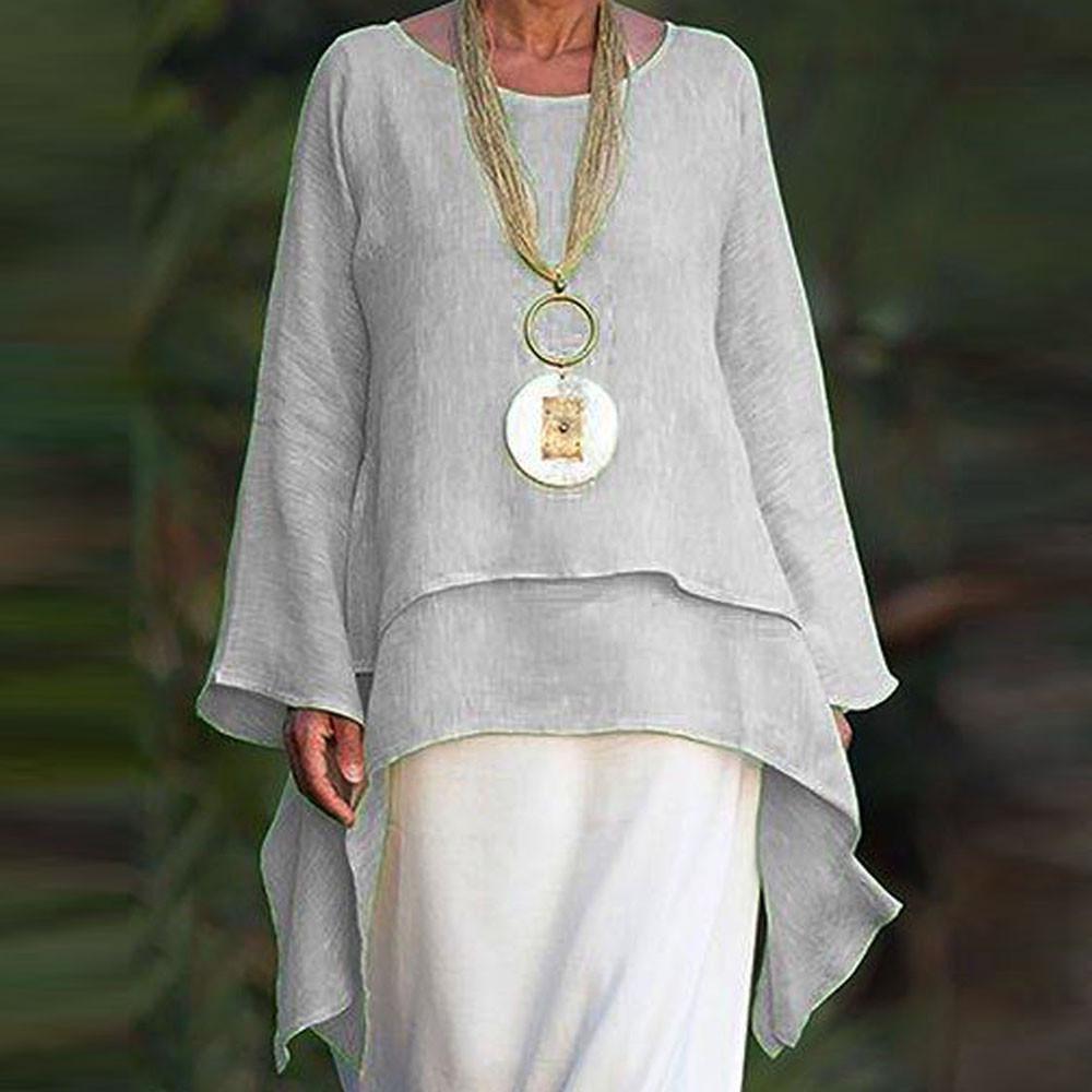 Women Fashion Plus Size Irregular Casual Linen Long Sleeve Neck Blouse