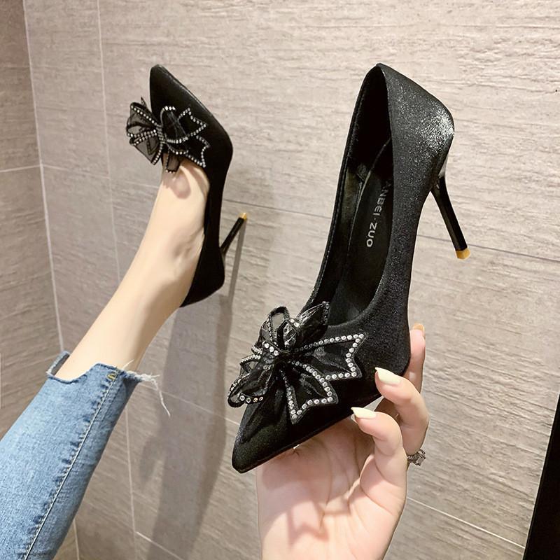 High Heel Shoes For Women With Butterfly Bow Water Dots Leathercombination For Daily Wear