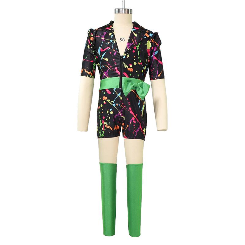 MiDee Abstract Colorful Hip Hop Dance Jumpsuit for Girls Children with Bow and Includes Separate Bra for Stage Performance