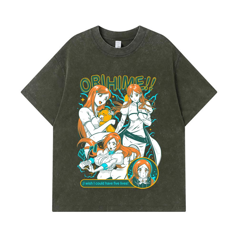 275 GSM Washed T-shirts 100% Cotton Bleach V3 Orihime Print Unisex Heavy Cotton T Shirt