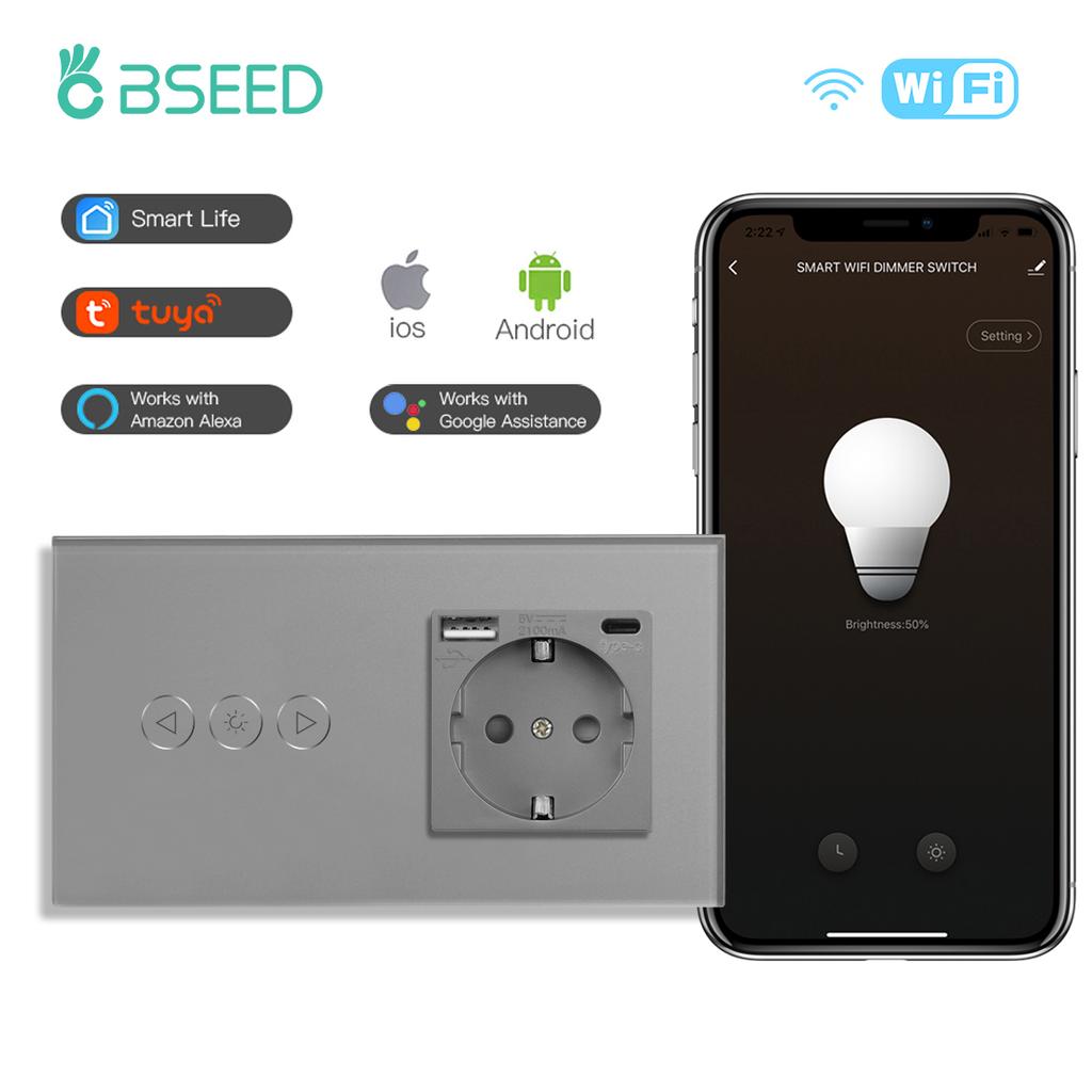 BSEED WiFi Диммерный выключатель 1 клавиша 1 направление Умные сенсорные выключатели Светодиодные лампы Плюс Обычная EU розетка с USB Type-C Tuya Smart Life App
