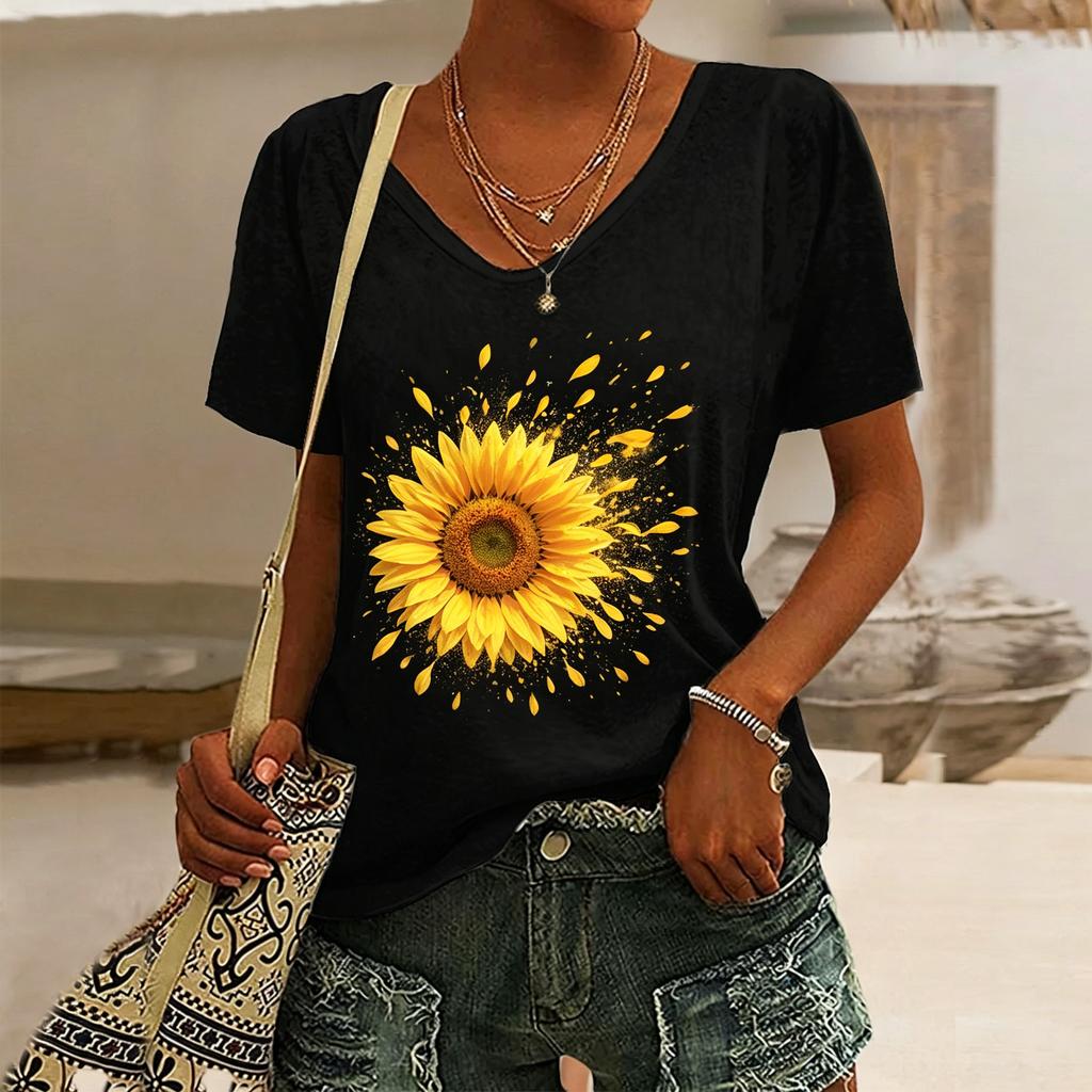 Women's Sunflower Print V-Neck T-Shirt, Casual Short Sleeve Tops,Bright Floral Daily Wear for Spring & Summer